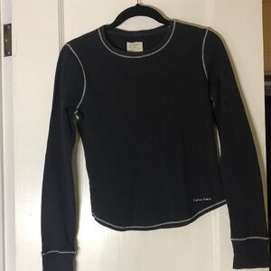 Calvin Klein Black Long-Sleeve Waffle Thermal Top with Contrast Stitching